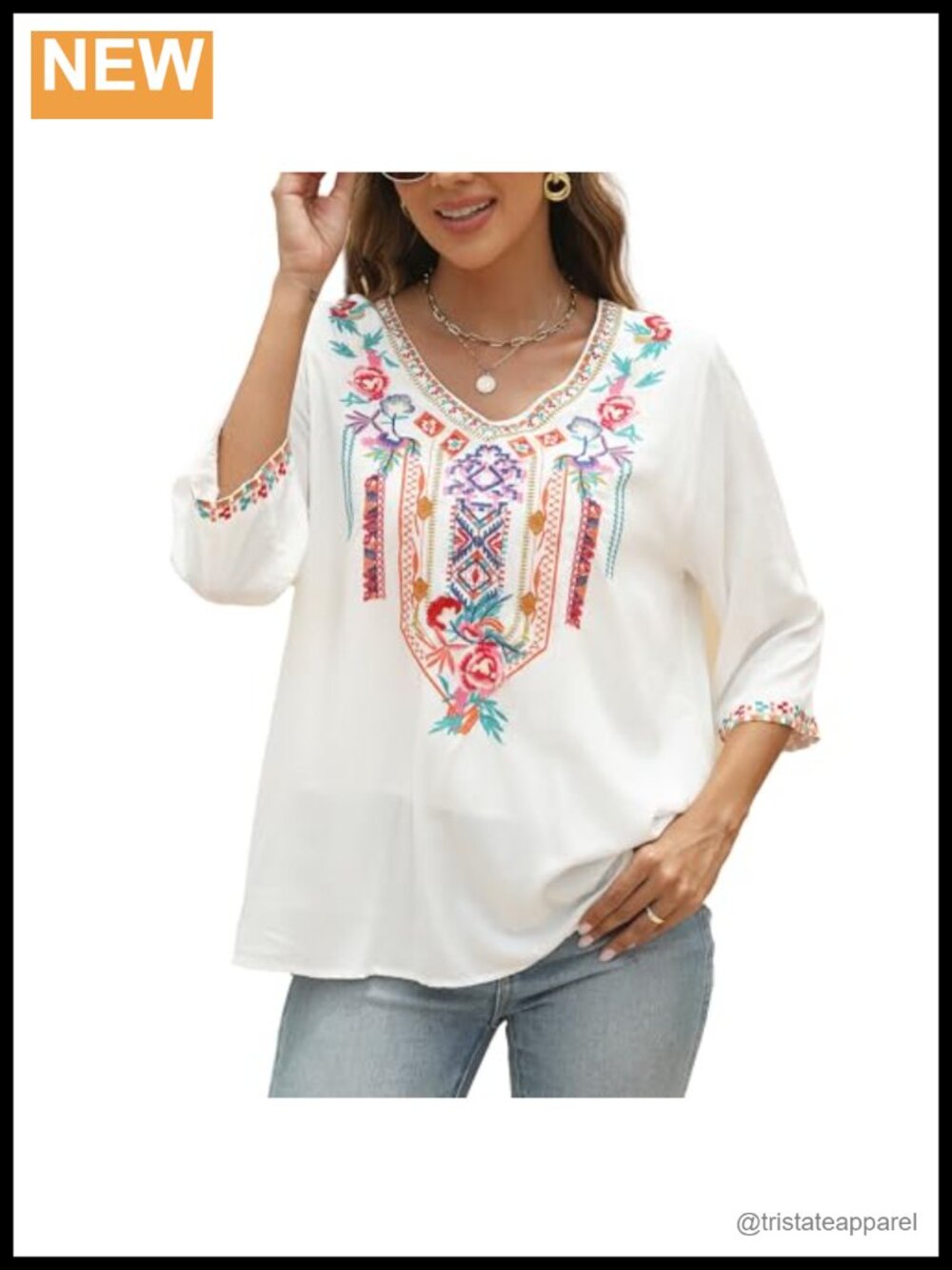 Mexican Embroidered Peasant Tunic Top Boho 3/4 Sleeve V Neck Women's Blouse